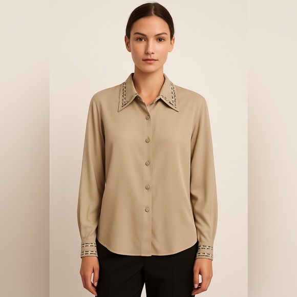 Elite International Beige Embroidered Button-Up Blouse - Picture 1 of 9